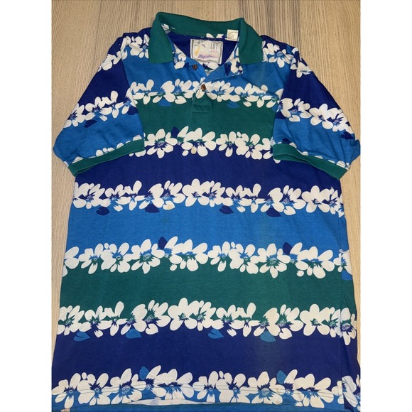 Other - Vintage Hawaiian IDT Surf Polo M Large L Blue Teal Floral Aloha Flower Striped